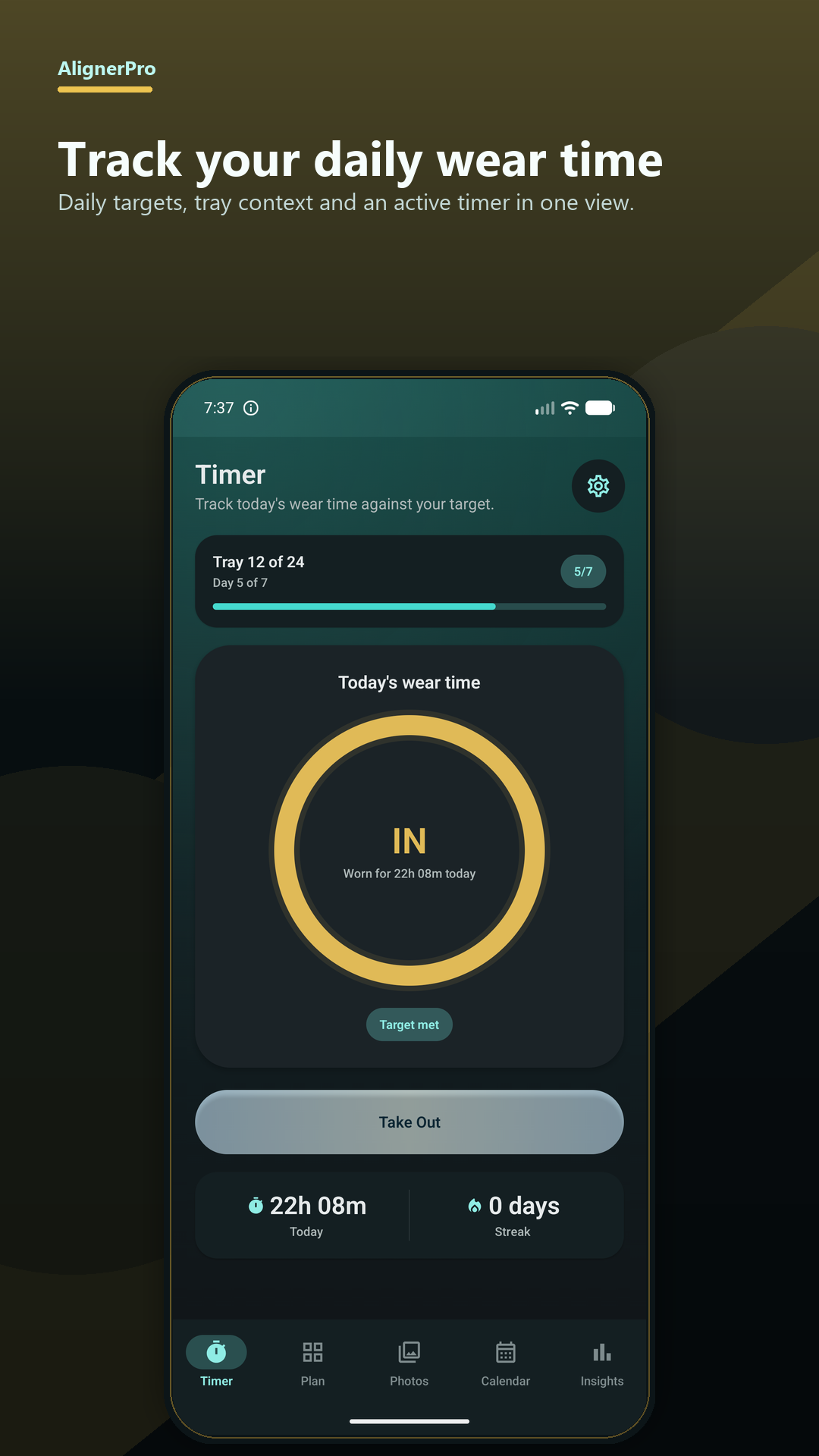 AlignerPro daily wear timer showing the current tray and today's wear time